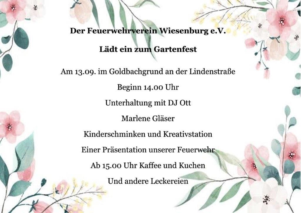 Einladung zum Gartenfest Feuerwehrverein Wiesenburg